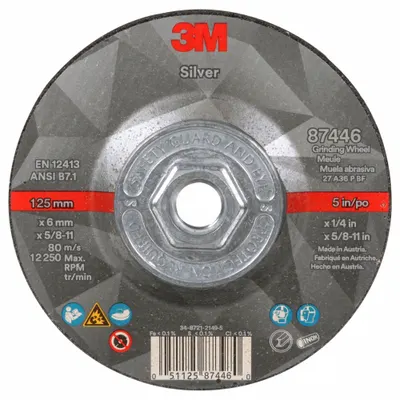 3M Depressed Center Grinding Wheel: Type 27, 5" x 1/4" x 5/8"-11, Ceramic - Cool-Cutting Grinding Wheels for Carbon & Stainless Steel