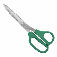 These plastic-handle scissors feature straight, pointed stainless steel blades with an 8-inch overall length. The green ambidextrous handle accommodates both left- and right-handed users. Suitable for general cutting tasks in office, craft, or light industrial settings.