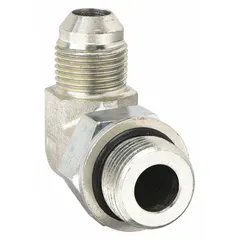 Rigid 90° elbow adapter for connecting metric and JIC ports in hydraulic systems. Steel construction with male x male connections. Suitable for fluid power applications requiring a compact angled transition.
