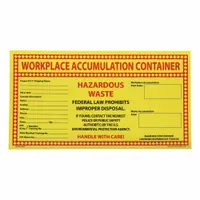 Vinyl label (25-pack) measuring 11 in wide by 6 in high with a yellow background. Message states: 'Hazardous Waste Federal Law Prohibits Improper Disposal. If Found, Contact the Nearest Police or Public Safety Authority, or the U.S. Environmental Protection Agency.' Used to identify hazardous waste containers in compliance with federal regulations