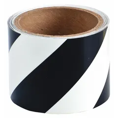 Striped black/white glow-in-the-dark floor marking tape with polyester backing, 8 mil thickness, and no legend. Used to mark pathways, exits, and hazards in low-light or emergency conditions.