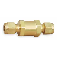 Brass inline poppet check valve with Buna-N seal. Prevents backflow in fluid and gas media systems. Suitable for use in pneumatic controls, hydraulic circuits, and process lines.