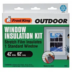 This polyolefin shrink-and-seal window kit includes one clear plastic film sheet measuring 3.5 ft in width. The film is applied over windows and shrunk with heat to create a tight seal, reducing drafts and improving energy efficiency. Suitable for residential window insulation during cold weather.