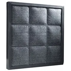 This carbon filter is a replacement component for ductless fume hoods. It measures 4 inches in overall height and 21 inches in overall width. The filter uses activated carbon to capture chemical vapors and odors, supporting laboratory air purification.