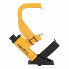 This pneumatic flooring stapler drives 15 1/2 gauge staples with a crowned anvil to minimize surface damage. It features a 3/8 in male NPT air inlet and is designed for use in hardwood flooring installation.