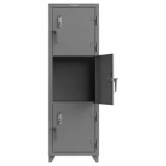 This wiring-ready full-height metal locker is constructed from steel with a gray finish. It features 3 tiers and 3 lockers, each secured by an electronic keypad lock with a swing handle. The unit is freestanding and surface-mounted, shipped fully assembled. Suitable for secure storage of mobile devices in environments requiring organized device management.