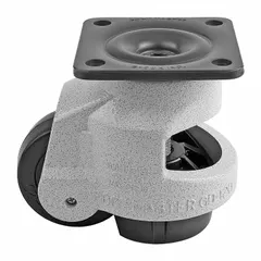 This FOOT MASTER leveling plate caster features a 75 mm diameter nylon tread wheel and a white frame. With a 120 mm mounting height and a load capacity of 2,205 lb, it is suited for industrial material handling, shelving, and light-duty machinery on smooth floors.