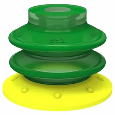PIAB Vacuum Pad Assembly: G3/8 in, 53.01 mm Pad Dia, Polyurethane, Green, 55.12 mm Pad Ht - Multi-Bellows Type with Filter Packaging Industry Vacuum Pad Assemblies