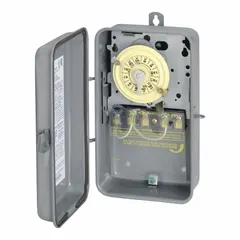 The INTERMATIC T103R is a 24-hour electromechanical timer switch with a metal body for indoor surface mounting. It features DPST switching and operates at 120V AC, providing a mechanical timing cycle for controlling electrical loads such as lighting, pumps, or fans on a daily schedule.