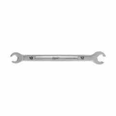 This MILWAUKEE flare nut wrench is made from chrome vanadium steel with a chrome finish. It features double-end, standard-head, 6-point design with 10 mm and 12 mm head sizes. Commonly used for tightening or loosening flare nuts on refrigeration, fuel, and hydraulic lines in automotive, HVAC, and plumbing applications.