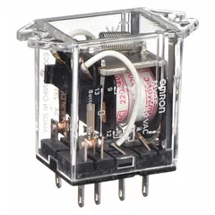 Surface-mounted relay from the OMRON MY Series with top flange mounting and octal base. Features DPDT contacts rated for 5 A at 220V AC resistive load, with a coil voltage of 110/120V AC. Electrical connection is via plug-in terminals. Suitable for use in industrial control panels and automation systems requiring reliable switching.