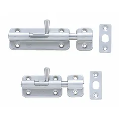 This barrel bolt from SUGATSUNE is used to secure doors, gates, and panels with a sliding-latch mechanism. It measures 1 5/8 inches in height, 3 3/8 inches in width, and 13/16 inches in length. Suitable for manual locking in various settings.