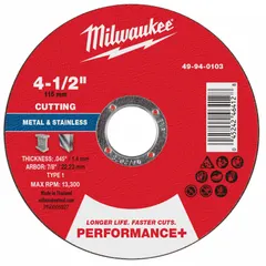 General purpose cut-off wheel for carbon and stainless steel. Type 1 design with aluminum oxide abrasive and 46 grit. Commonly used in metal fabrication, construction, and maintenance for cutting sheet metal, pipe, and structural steel.