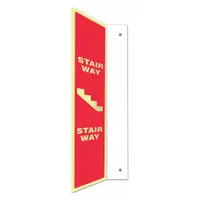 Glow-in-the-dark stair way sign with L-shape projection for low-light egress marking. Nominal size 24 in x 4 in, not retroreflective. Features mounting holes for secure installation on walls or stairwells in industrial facilities