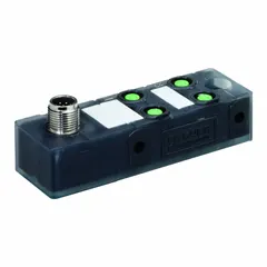 Passive sensor junction block with 4 ports, each 3-pole M8 female connector, rated 1.5 A per port. PNP electrical design. IP67 rated for use in industrial automation environments where sensor signals need to be consolidated without a homerun cable.