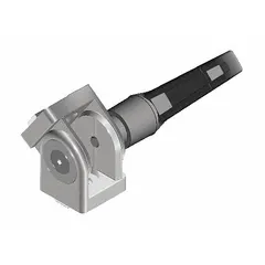 This locking-lever pivot joint is made of aluminum and designed for use with 20 Series aluminum framing profiles having a 5 mm slot width. It features a 6.2 mm mounting hole and a silver finish. The locking-lever mechanism allows manual adjustment and secure positioning of angles in structural framing applications such as machine guards, workstations, and automation structures.