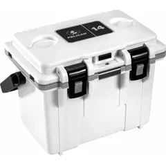 This heavy-duty chest cooler has a 14 qt capacity, holding up to 6 cans with 5 day ice retention. It is gray/white and does not include a drain plug or wheels. Suitable for keeping food and beverages cold on job sites, during outdoor work, camping, or for transporting temperature-sensitive supplies.