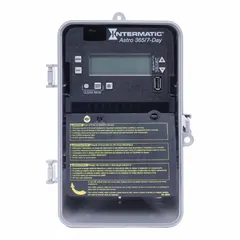 Plastic-bodied digital timer switch for outdoor surface mounting. Features 7-day astronomic functionality that automatically adjusts on/off times based on sunrise and sunset. Suitable for controlling lighting and equipment in outdoor applications.