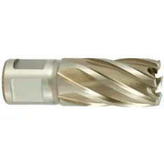This cobalt annular cutter is designed for cutting hard materials such as stainless steel and high-alloy metals. It has a 15/16 in diameter, 1 in maximum cutting depth, and includes a pilot pin. The bright finish and high-speed steel-cobalt construction support use in structural steel fabrication, maintenance, and industrial metalworking.