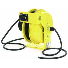 Hardwired self-retracting cord reel with constant tension or ratchet lock operation. Cord is 50 ft of 12 AWG SOOW rated for 600V AC, terminated with bare wire for direct connection. Suitable for industrial power distribution in workshops, factories, and maintenance areas.
