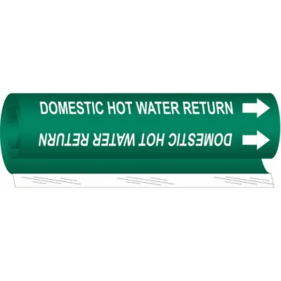 BRADY Pipe Marker: Domestic Hot Water Return, Green, White, Fits 1/2 to 1 3/8 in Pipe O.D. - Domestic Hot Water Return Wrap-Around Pipe Markers
