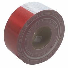 This red/white reflective tape is designed for marking trailers to improve visibility in low-light conditions. It features an acrylic adhesive for durable bonding and is supplied in a 3-inch width by 50-yard length. Suitable for industrial trailer applications requiring high-visibility reflective markings.
