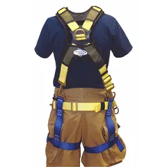 This GEMTOR Class III full-body harness is constructed with nylon webbing and aluminum hardware. It features a sliding back D-ring, front D-ring, and side D-rings, with pass-through leg and shoulder strap buckles. The blue harness complies with NFPA 1983-2012 57AF standards and fits waist sizes from 30 to 44 inches. Typical applications include rescue and confined-space operations requiring a multi-point attachment system.