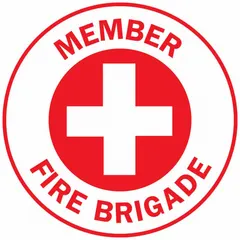 2 in diameter circle label with English text and non-reflective finish. Identifies the wearer as a member of a fire brigade. Supplied as a standard 4-pack for application on hard hats in industrial and emergency response settings.
