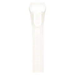 Natural-colored push-release cable ties for bundling and organizing wires, cables, and hoses. Each tie is 8 inches long, rated for 50 lb tensile strength, and accommodates a maximum bundle diameter of 1 7/8 inches. Supplied in a pack of 100. Not rated for outdoor use.