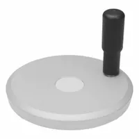 Solid aluminum hand wheel with a revolving handle, 80 mm diameter and 10 mm bore. Used for manual valve actuation, machine adjustment, and control panel operation in industrial machinery