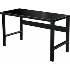 This steel-top workbench from HALLOWELL measures 60 by 30 inches and features a black finish. It includes a stringer for added stability and is suitable for industrial assembly, maintenance, and repair tasks in workshops, factories, and laboratories.