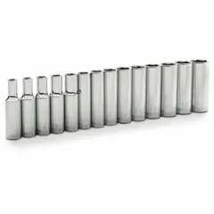 This 14-piece metric socket set features a 3/8 in drive and 6-point deep sockets ranging from 6 mm to 19 mm. The sockets incorporate a friction ball retention mechanism for secure attachment. Suitable for fastening and loosening metric nuts and bolts in automotive, machinery, and industrial applications.