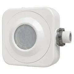 Passive infrared (PIR) occupancy sensor with 1/2" hub mount for automatic lighting control in high-bay spaces. Hard-wired unit operates at 120/277/230V AC and supports incandescent loads up to 800W/6.67A at 120V AC. White finish.
