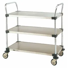 This NSF-compliant utility cart from METRO features a 24 in L x 18 in W shelf and overall dimensions of 26 in L x 18 in W x 38 in H. It is equipped with four swivel casters with rubber treads for maneuverability. Suitable for transporting supplies in commercial kitchens, hospitals, and warehouses where sanitation is required.