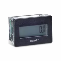 Digital hour meter with rectangular flush-mount bezel, measuring 1 1/8 in x 1 5/8 in. Records operating time in tenth-hour increments. Front panel mounting with NEMA 4 enclosure rating. Complies with UL, CUL, and CE standards. Suitable for tracking runtime on industrial machinery, generators, pumps, and compressors.
