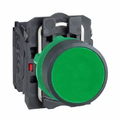 Momentary-action flush push button from the XB5 series with a 22 mm mounting diameter. Non-metallic construction provides corrosion resistance. Features one normally open and one normally closed contact. Suitable for control panel and industrial automation applications requiring momentary switching.