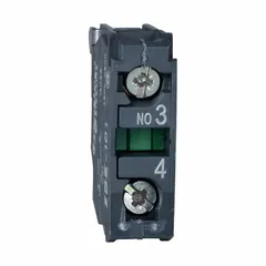 This contact block is a switching element for 22 mm panel-mount pushbutton stations and selector switches. It features one normally-open (1NO) momentary/late break contact and screw clamp terminals for secure wiring. Compatible with the XB4 series, it is used in industrial control circuits for machinery and process automation.