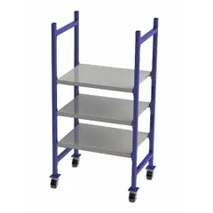 This flat solid-deck bolted mobile flow rack is constructed of steel and measures 36 inches by 28 inches by 72 inches with three shelves. Designed for gravity-fed material handling, it allows cartons or totes to slide forward for easy picking in industrial storage applications.