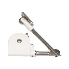 Lid support with 90° maximum support angle. Constructed of zinc alloy with plastic and steel components. Overall height 9 9/64 in. Used for holding lids, doors, or panels open in industrial enclosures, electrical cabinets, and machinery access panels.