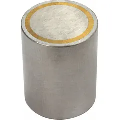 Round encased alnico magnet with 3/8 in outside diameter and 0.5 in thickness. Provides 0.72 lbf maximum pull force. Suitable for light-duty holding, positioning, or retrieving ferrous parts in confined spaces.