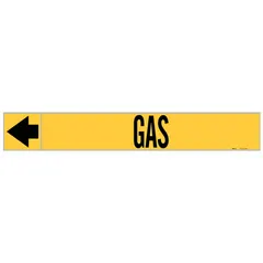 Yellow adhesive pipe marker with black 'Gas' legend and directional arrows. Fits pipe outer diameters of 1-1/2 to 2 inches. Supplied 25 markers per roll for identification of gas piping in industrial facilities.
