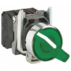 This illuminated selector switch from the XB4 series features a short-handled knob and metallic bezel for panel mounting. It offers two maintained positions (Off/On) with a 1NO/1NC contact configuration, rated 6 A at 120 V AC and 0.55 A at 125 V DC. The plastic illuminated operator provides clear status indication, suitable for manual control in industrial panels and machinery.