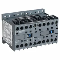 SCHNEIDER LP2K1201BD is a 3-pole, 3NO miniature reversing IEC contactor rated for 12 A with a 24V DC coil. It is used to control forward and reverse rotation of three-phase motors in applications such as conveyors, pumps, and hoists. This contactor does not include integrated surge suppression.