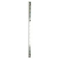 This heavy-duty steel slotted standard is designed for surface-mount applications in shelving and display systems. It features 1-inch slot spacing and 1/2-inch slot length, with a zinc-plated silver finish. Includes countersunk mounting screws for screw-in installation