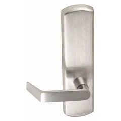 This mechanical exit device trim is a lever-style outside trim for exit push bars. It is ADA compliant and features a chrome finish in silver. Suitable for doors up to 48 inches wide, it is commonly used in commercial buildings to provide secure egress.