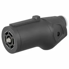 This 7-way electrical plug connects a trailer's lighting and auxiliary circuits to a tow vehicle. It supports brake lights, turn signals, tail lights, reverse lights, and electric brake controller signals. The plastic housing is suitable for both trailer and tow vehicle applications.