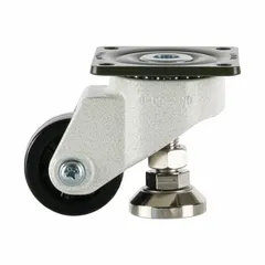 This general purpose leveling plate caster features a 63 mm nylon wheel and a white frame. With a mounting height of 98 mm and a load capacity of 1,102 lb, it is suited for industrial material handling, carts, and light machinery where floor protection and smooth rolling are required.
