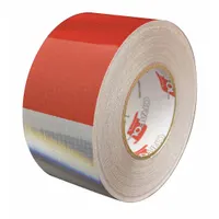 Red/white reflective tape with acrylic adhesive, 4 inches wide by 50 yards long. Designed for marking rail gate arms to enhance visibility and safety. Suitable for commercial and industrial gate applications where high-visibility warning is required