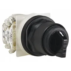 This 30 mm panel-mount selector switch from the 9001K series features a long-handled knob with a non-illuminated polycarbonate operator head and a non-metallic bezel. It offers three positions with maintained/maintained/momentary action and a Cam B configuration, providing On/Off/Momentary switching functions via 1NO/1NC contacts. Rated 6 A at 120 V AC and 0.27 A at 250 V DC, it is suitable for industrial control panels and machinery requiring clear position indication.