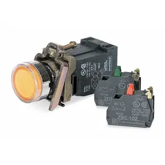 Momentary illuminated push button with flush metallic profile, 22 mm mounting diameter, and 1NO/1NC contact configuration. Suitable for use as a control switch in industrial control panels, machinery, and automation systems.
